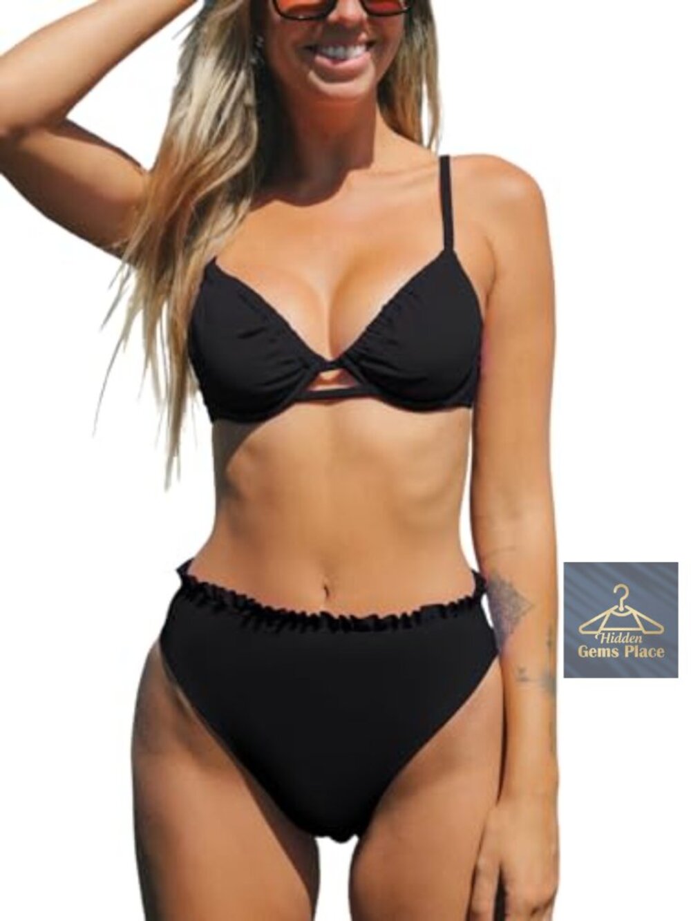 High Waisted Bikini Set Triangle Top Underwire Removable Pads Adjustable Straps